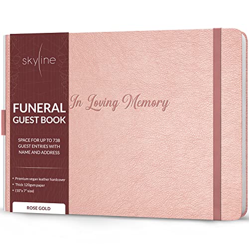 Image of Skyline Funeral Guest Book, Sign In Name & Address, Hardcover Rose Gold | 10 inchx7 inch, Elegant sign-in guestbook for memorial service & celebration of life with large signature space, Memory book