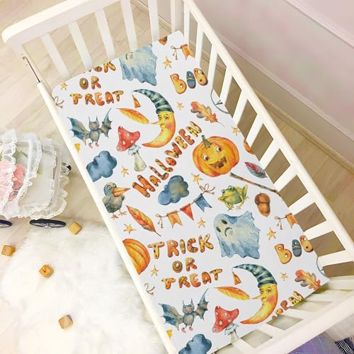 Image of Watercolor Halloween Party Crib Sheets Soft Breathable Fitted Baby Crib Sheets Mattress Cover for Girl Boys, 52 inch x 28 inch x 9 inch