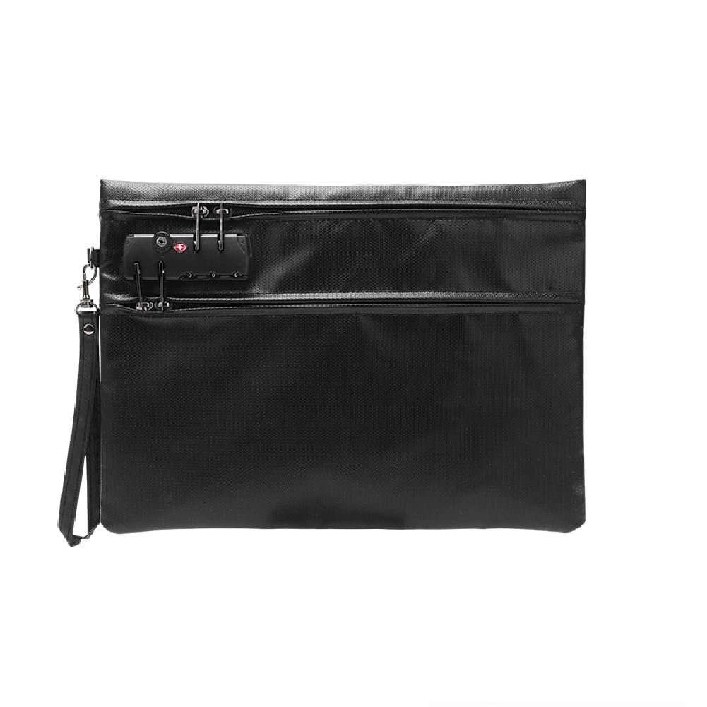 Feuerfeste Dokumententasche mit Schloss, 6400℉ 12-lagige Wärmedämmung Feuerfest Geldtasche 36x26cm Doppeltem Reißverschlussfach Feuerfeste Tasche für Bargeld Reisepass Quittung Wertsachen, Schwarz