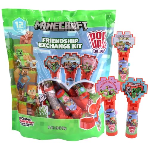Minecraft Friendship Exchange Kit with Pop Ups! Holders, 12 Pack – Strawberry Lollipops & Cards Included, Artificial Dye Free, Classroom Valentine's Day...