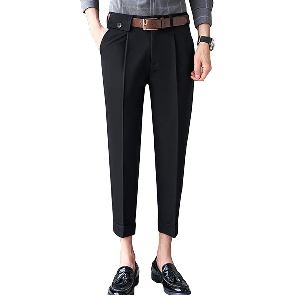 DGHM-JLMY Men Crop Casual Slim Rolled Suit Pants Front Flat