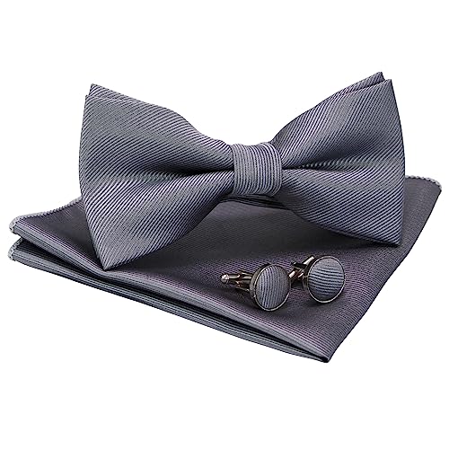 JEMYGINS Flache Textur Fliege Einfarbig und Einstecktuch mit Manschettenknöpfe Sets für Herren,grau 2