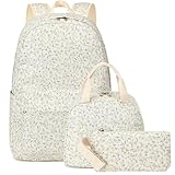 LEDAOU Mochila para meninas, mochila escolar, mochila infantil para adolescentes, conjunto de mochila com lancheira e estojo de lápis, Flor bege, 17.3 x 11.8 x 5.5 pulgadas, Mochila