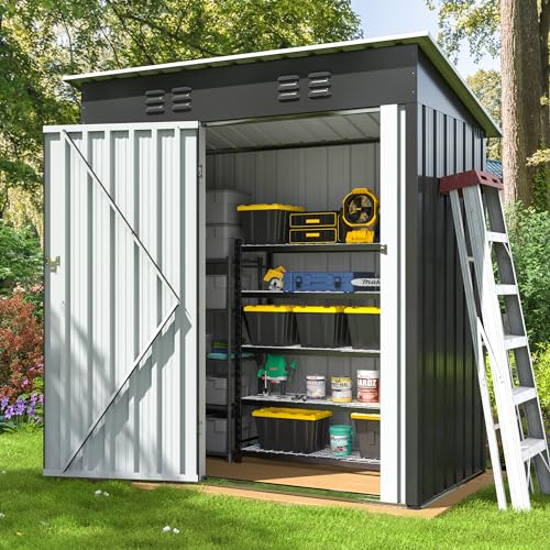 Image of AirWire 5x3 FT Outdoor Storage Shed, Garden Shed with Updated Frame Structure and Lockable Doors, Metal Tool Sheds for Backyard Garden Patio Lawn, Grey