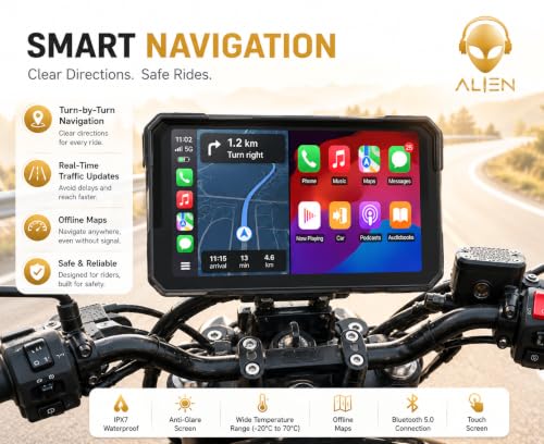 Image of Alien 6 inch Bike Navigation Screen with GPS | Waterproof IPX7 Smart Display for Motorcycles | Bluetooth Connectivity | Turn-by-Turn Navigation | Anti-Glare Screen