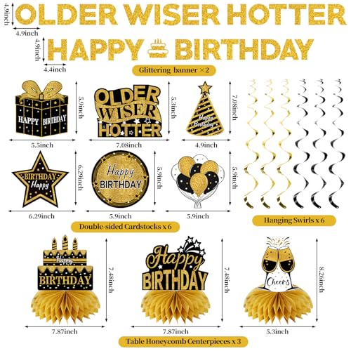 Image of Kuxriox 11Pcs Happy Birthday Decorations Kit for Men Women, Black Gold Happy Birthday Banner, Older Wiser Hotter Glitter Banner Party Supplies, Bday Decor Centerpieces Swirls Table Topper Sign