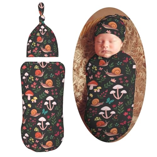 Image of Muishi Mushrooms Snails Butterflies Newborn Swaddle Blankets Hat Sets Soft Baby Receiving Blanket Swaddle Sack for Baby Shower Infant Boy Girl Gift