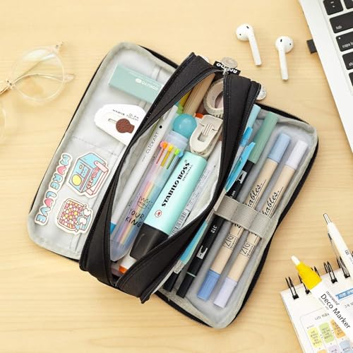 Image of Aesthetic Large Pencil Case 3 Compartments Zipper Pencil Pouch Big Capacity Pencil Bag for Kids Girls Boys Student School Supplies Oxford Organizer Cosmetic Makeup Pouch (Black)