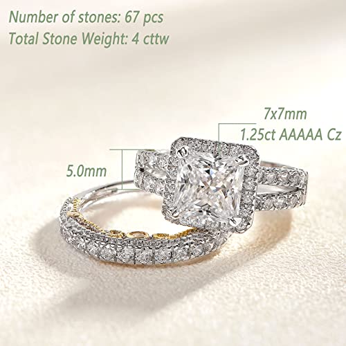 Wuziwen 4 Carat Cubic Zirconia Wedding Rings Sets For Her Sterling Silver Yellow Gold Plated Size 6 #TOP4