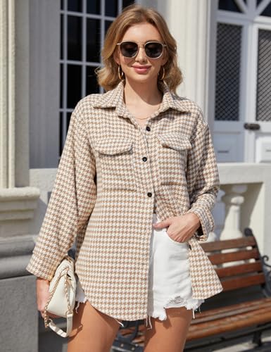 Yimoon Plaid Jacket Women Casual Houndstooth Jacket Flannel Shacket Loose Long Sleeve Shirt Button Down Shacket with Pockets2