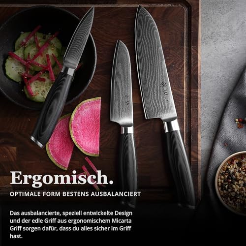 Foto von Wakoli Mikata 3-teiliges Küchenmesser Set aus echtem Damaststahl (VG10 Kern) in Geschenkbox aus Holz – mit 2x Santoku Messer & Officemesser – Scharf & ergonomisch – Damastmesser Set mit Mikatagriffen