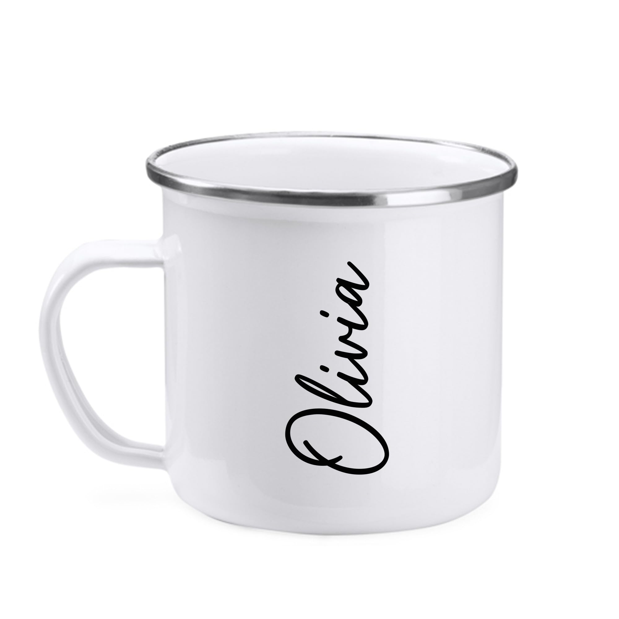 GiftsinaJiffy Personalised Enamel Camping Mug with Name, 380ml Metal Coffee Tea Cup, Custom Tin Mug Gift for Him & Her, 10th Wedding Gift, Outdoor Camping & Hiking Mug (White)