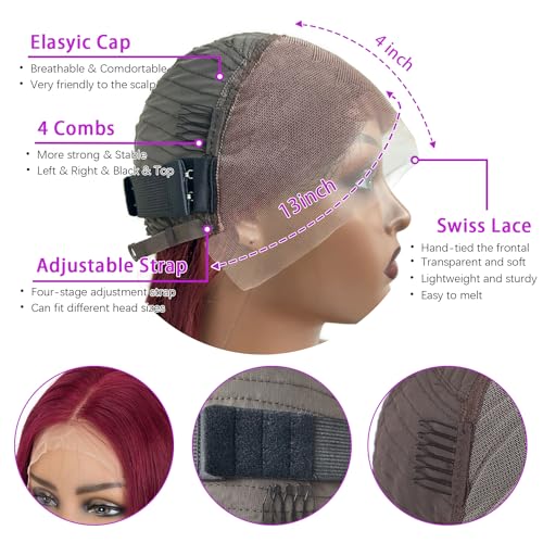 30 Inch 99j Burgundy Lace Front Wigs Human Hair Pre Plucked, 13x4 Straight Human Hair Lace Front Wigs Wine Red, 180 Density HD Transparent Glueless Human Hair Wigs for Black Women (30 Inch) - Image 4