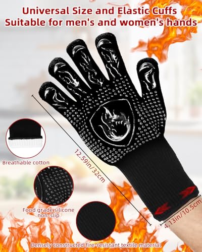 Grillhandschuhe Hitzebeständig bis 800 Grad Topfhandschuhe Ofenhandschuhe hitzebestaendig Feuerfeste Kochhandschuhe Backhandschuhe BBQ Handschuhe zum Indoor Outdoor Backen, Kochen, aus Aramid,Schwarz