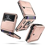 Janmitta Samsung Galaxy Z Flip 4 Case Built in Slide Camera Lens Cover+Hinge Protection+Finger Ring Stable Kickstand, Heavy Duty Shockproof Full Body Protective Phone Cover,2022 Rose Gold