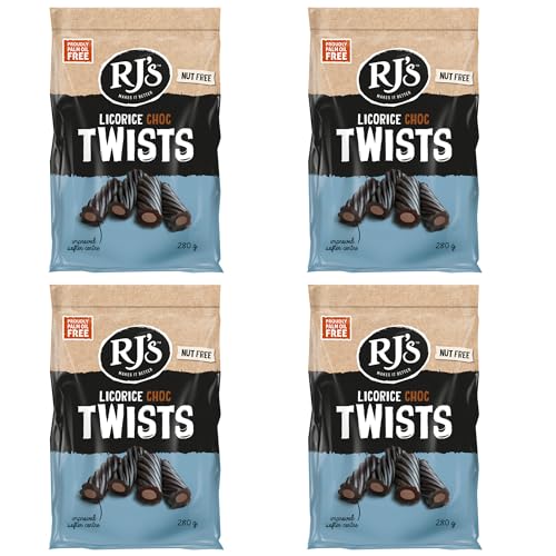RJs Chocolate Licorice Twists 280g x 4 Pack | Soft Chewy Liquorice with Chocolate Flavour | Sweet Candy Sharing Bags | Multipack Treat