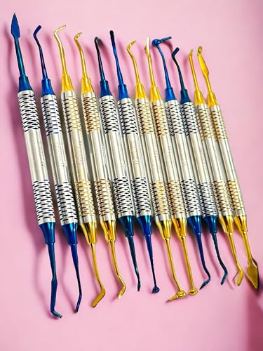 Dental Composite Resin Filling Gold Coated Restorative Kit - Composite Dental Hand Instruments - Dental Tools Professional Stainless Steel Restorative Instruments - Artlab (Blue and Gold - Set of 12)