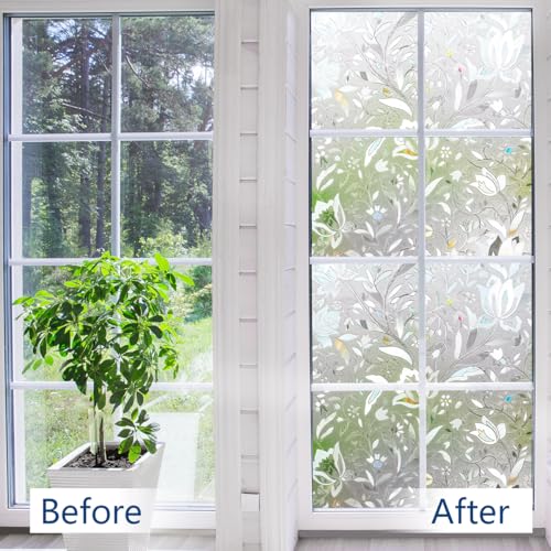 Zindoo Privacy Window Film 3D Window Sticker Static Non-Adhesive Window Covering Film Stained Glass Window Film Flowers Door Film Decorative 90cm x 200cm - Image 5
