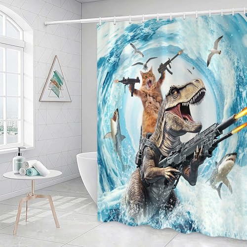 Image of Funny Cat Shower Curtain Set, Cute Cat Riding Dinosaur Theme Ocean Curtains for Bathroom Fun Nautical Kids Decor Polyester Fabric Restroom Curtains