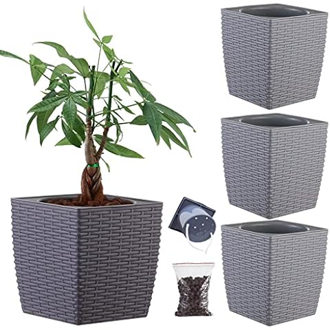 Plant Pots 7 Inch Self Watering Planters and Pots 3 Pack Large flowerpots with Organic Potting Soil African Violet Pots, Decorative Plant Pot, Grey Cover