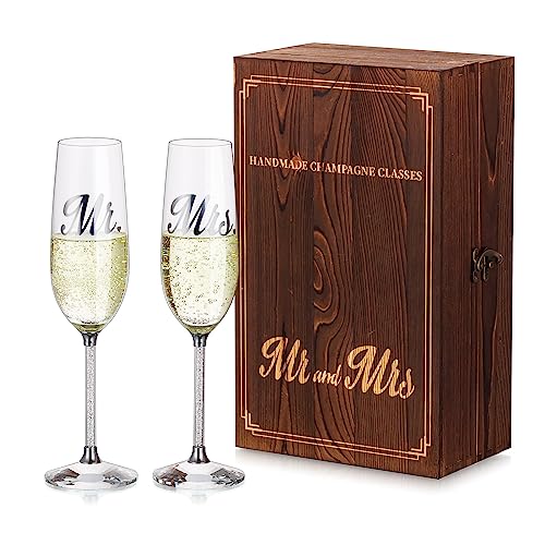 Set 2 Flute Da Champagne In Cristallo Italiano Per Sposi - Fatte A Mano In Toscana, Eleganti Bicchieri Per Brindisi Di Nozze - Confezione Regalo