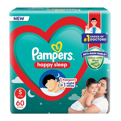 Image of Pampers Happy Sleep Pant Style Baby Diapers, Small (S), 60 Count, 1 Pampers = 1 Night Sleep, with Anti Rash Shield, 4-8 Kg Diapers