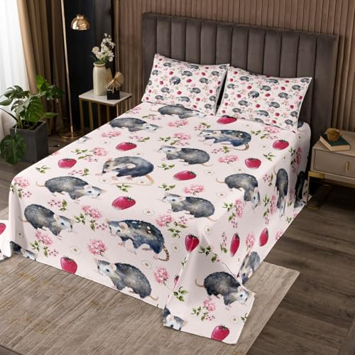 Possum Bedspread Twin Size Cute Opossum Animal Coverlet for Kids Boys Girls Adults Red Strawberry Quilt Set Pink White Flowers Leaves Quilted Room Decor 2Pcs With 1 Pillow Case Bedding Collection