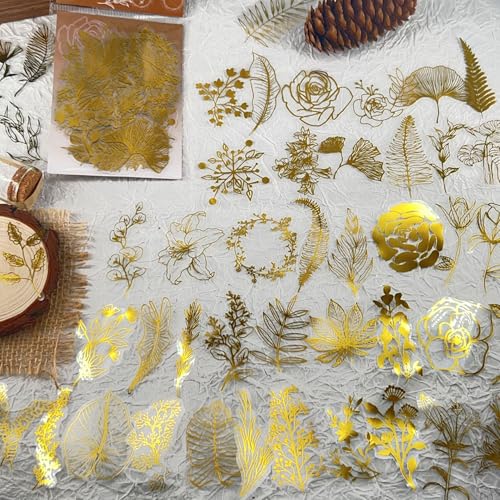 Image of 50PCS Boughs and Flowers Stickers Aesthetic PET Stickers Gold Stamp Decal Waterproof Decorative Decals for Scrapbook DIY Crafts Album Bullet Journal Planner Water Bottles Laptop Phone (Gold Stamp-C)