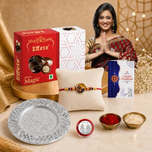 Image of Oblivion Designer Peacock Rakhi Set for Brother with Pooja Thali, Choco Magic Chocolate 32gm, Pooja Coin, Roli Chawal & Card | Rakhi with Chocolate Combo for Raksha Bandhan