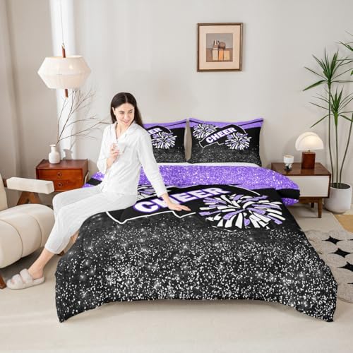 Image of Feelyou Purple Glitter Cheer Comforter Set Dreamy Girly Gymnastic Sports Comforter for Kids Boys Girls Gymnastics Lovers Bedding Set Cheer Sports Glitter Duvet Set Room Decor Quilt Queen Size Boys