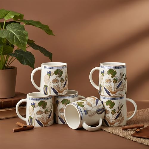 Image of miah decor Cafe Flora Collection Handcrafted Ceramic Coffee Cups Set of 6 | 250 ml Floral Tea & Coffee Mugs | Earthy Floral Design | Microwave & Dishwasher Safe