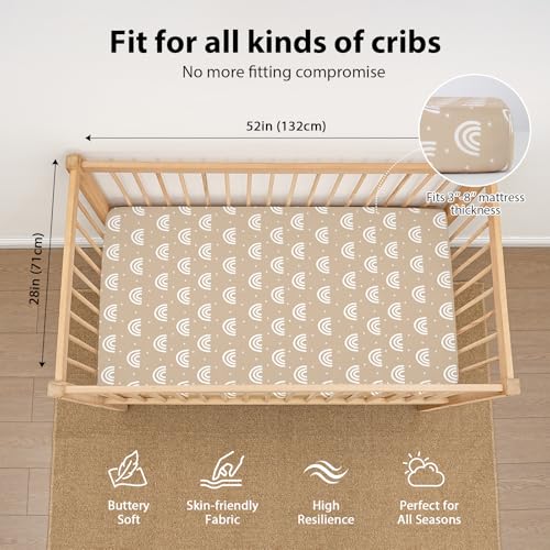 Baby Crib Sheets for Boys and Girls, 3 Pack Fitted Toddler Bed Sheets Neutral for 52”x28” Standard Crib and Toddler Mattresses, Super Soft Microfiber Orange Sun Rainbow