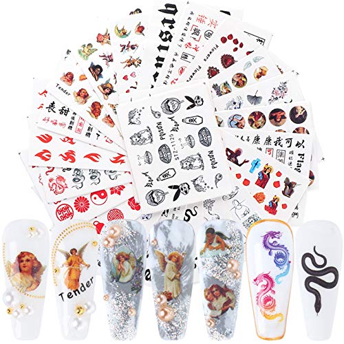 Vintage Valentine's Day Nail Art Decals Water Transfer Designer Nail Stickers for Women Nail Art Supplies 24 Sheets Cupid Angels Python Dragon Word Mixed Designs Nail Decoration Kits
