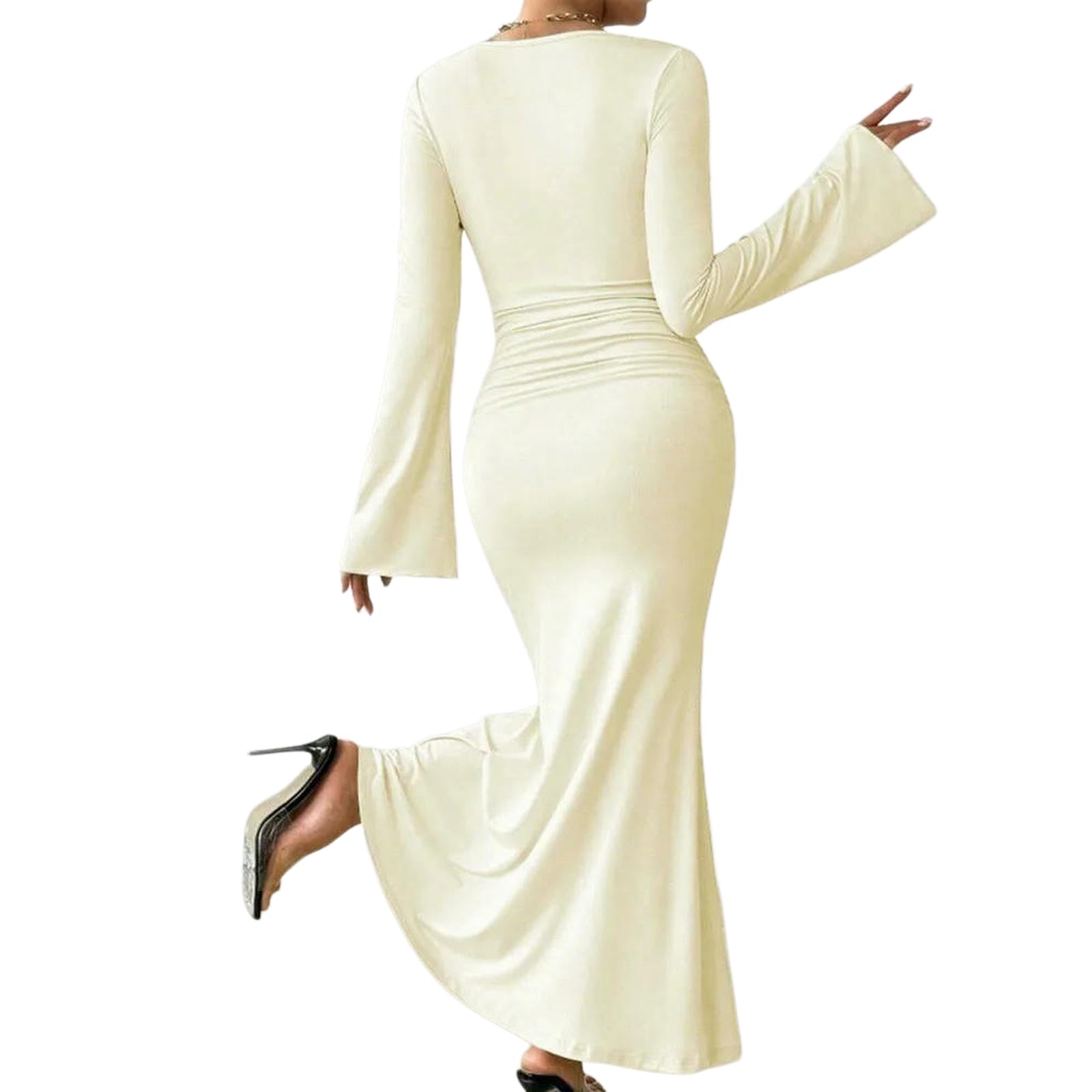 Vestito Elegante Abito Maxi Bodycon in Abricotto - Cullo con Maniche Flare per Festa, Sera E Indossamento Casual-Apricot-s