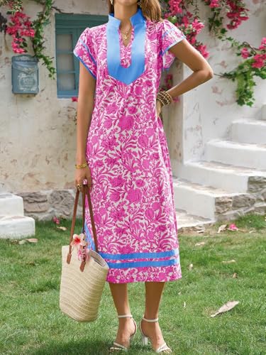 Image of Wenrine Womens Summer Floral Maxi Dress Casual Short Cap Sleeve V Neck Color Block Side Slit Loose Boho Beach Dresses