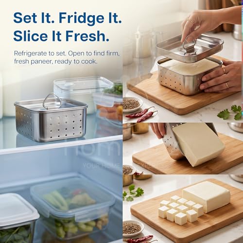 Image of HomeWiz Stainless Steel Paneer Maker 450ml | Paneer Maker Mould Press with Lid | Chrome Finish Technology for Rust Free Paneer Maker | Drainage Holes for Perfect Paneer, Tofu & Cheese | Lifetime Use