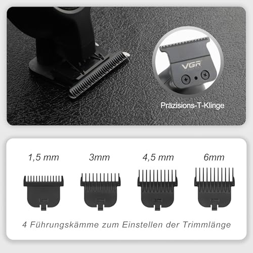 VGR 995 Profi Haartrimmer für Herren Zero Gap Trimmer, Kabelloser Elektrischer Haarschneider mit 4 Kammaufsätzen, USB-C Haarschneider, Leiser Präzisionstrimmer für Reisen