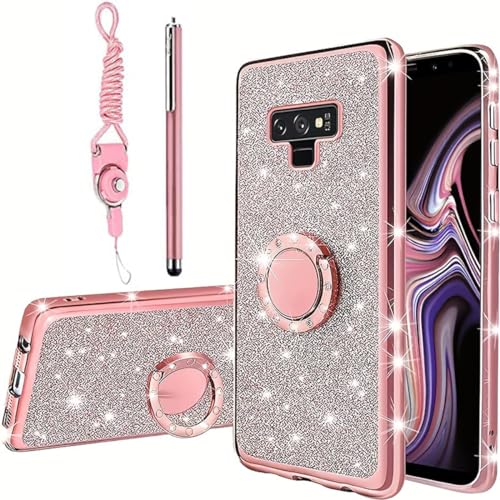 B-wishy for Samsung Galaxy Note 9 Glitter Crystal Butterfly Heart Floral Slim TPU Luxury Bling Cute Protective Cover with Kickstand+Strap for Samsung Galaxy Note 9(Pink)