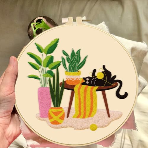Image of BEUNITONE Kitten Embroidery Kit for Beginenrs Hand Sewing Embroidery Kits with Cat Pattern DIY Embroidery Kit with Kitten Colourful Threads Needles Instructions