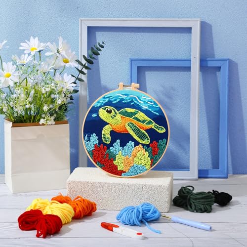 Image of SmoothNovelty Turtles DIY Punch Needle Kits for Beginners with Hoop Embroidery Fabric Instructions Thread Punch Needle Craft Set Easy for Starter Adults and Children Gift Decoration, 20x20cm-4
