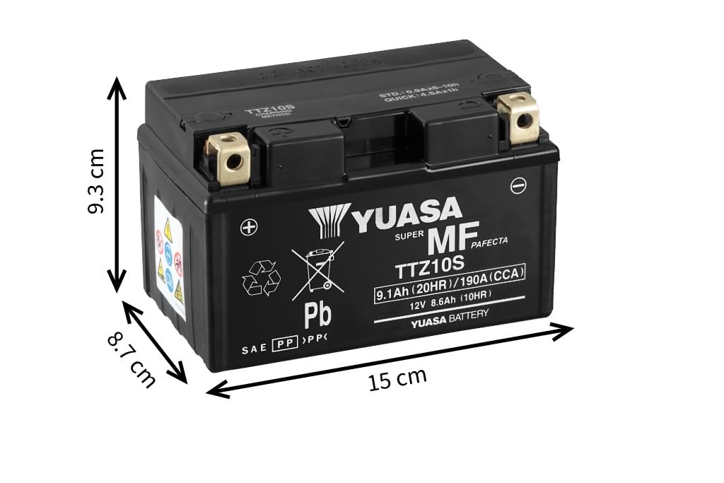 Yuasa TTZ10S 12V 190 CCA Batería VRLA para moto libre de mantenimiento precargada y lista para instalar | Prellenado y listo para instalar, fiable y duradero, diseño resistente, rendimiento de larga duración