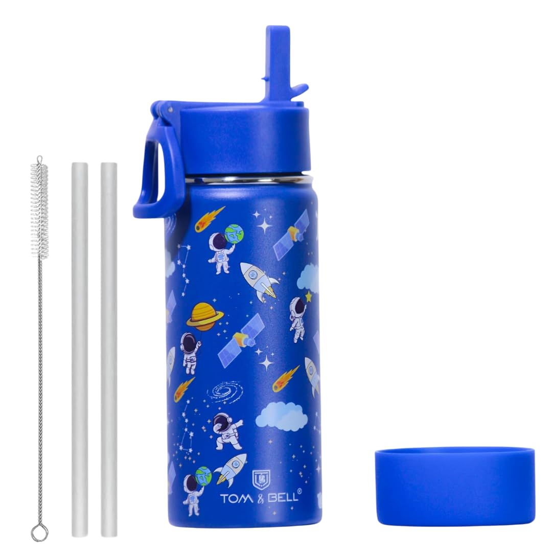 TOM & BELL Insulated Water Bottle for Kids 500ml,Double Wall Water Bottle for School, Sipper Bottle,Hot and Cold, Premium 304 Stainless Steel (dark blue, 500ml)
