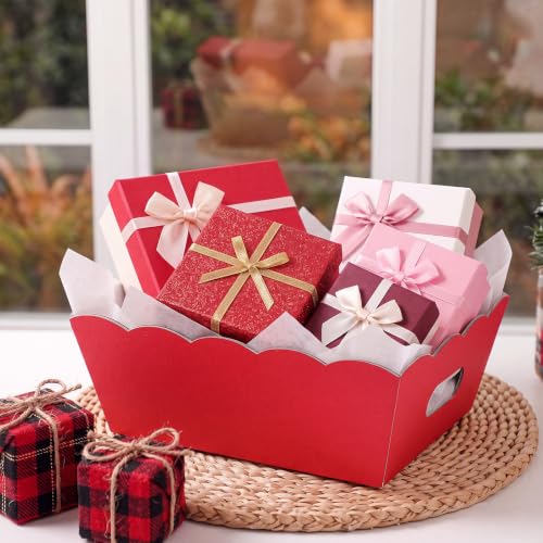 Image of Fuyoooo 8 Pack Red Basket for Gifts Empty to Fill, 10 inch x 8 inch Thick Sturdy Kraft Scalloped Edge Gift Basket with Handle, 8 Wrap Bag 8 Bow 16 Tissue Paper for Christmas Wedding Birthday Wrapping Gift