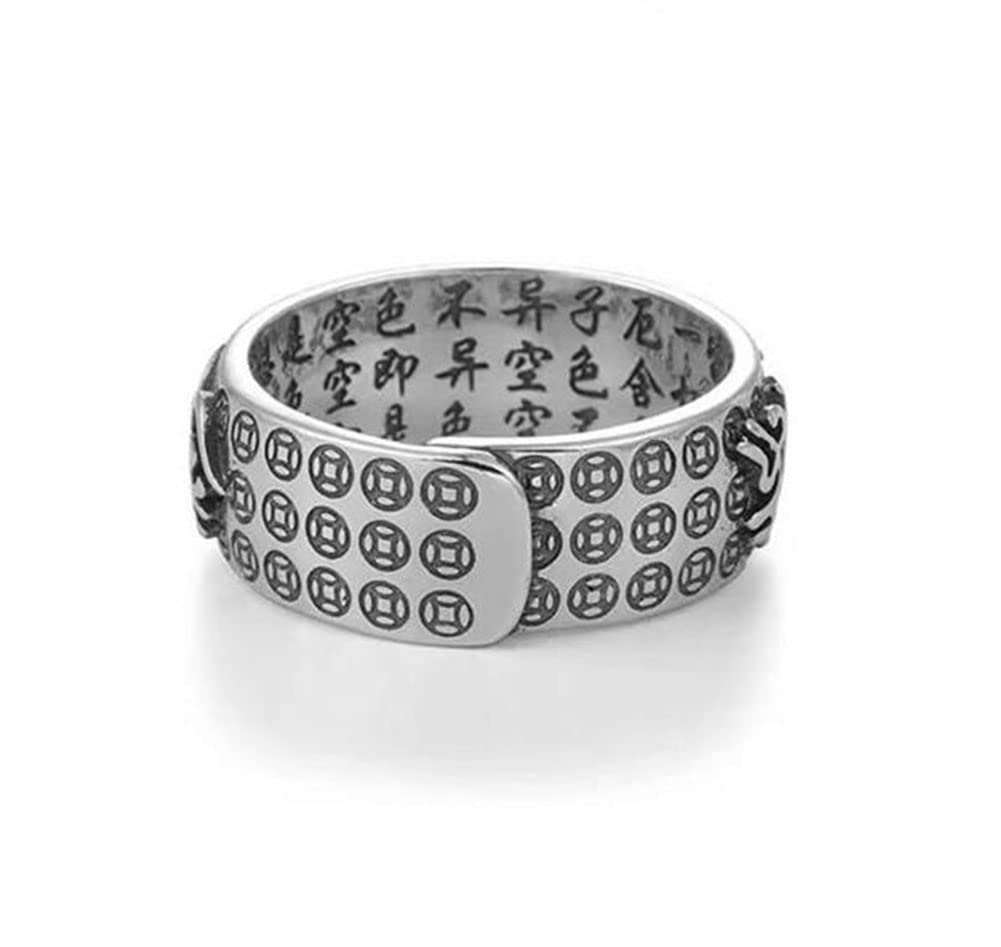 Feng Shui Pixiu Mantra Ring S925 Silver Buddhist Good Luck Amulet Mantra Double Protection Wealth Love Health Ring Gift for Men Women