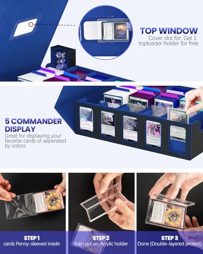Image of Trading Card Storage Box, 5 Row Card Deck Case with Commander Display & Portable Handle, 4200+ Card Deck Boxes Compatible for MTG TCG Magic Cards, 30 Divider, 8 Supporters, 1 Dice Tray (Black & Blue)