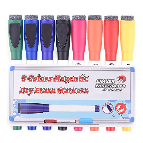 Magentic Dry Erase Markers with Eraser, Feela 8 Colors White Board Markers and Eraser, Medium Point Low-Odor Markers Usable on Magnetic Whiteboard Surface for School Office Home