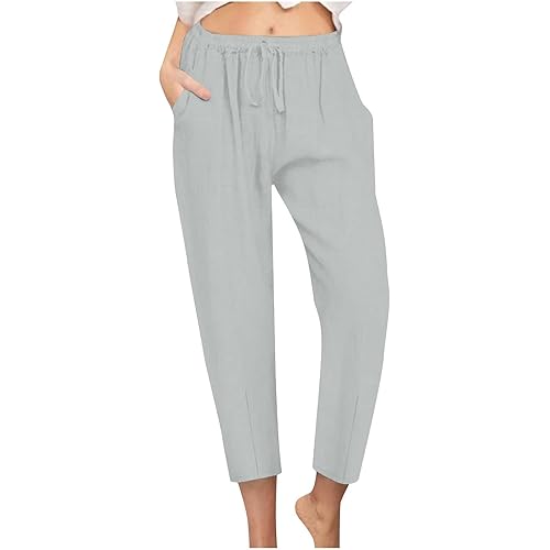 Cotton Linen Pants for Women Trendy Beach Pants Straight Fit Elastic Waisted Drawsting Trousers with Pockets
