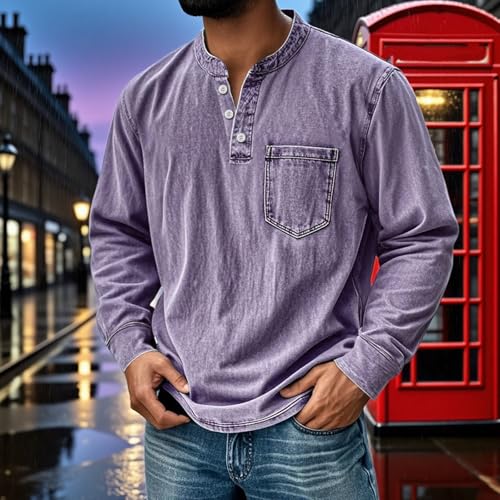 Mokaloha Mens Long Sleeve Shirts, Men's Retro Stand Collar Pocket Casual Distressed Long Sleeve Henley Shirt3