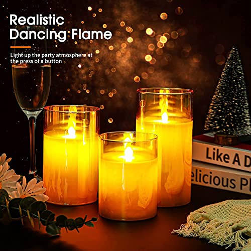 Image of LTETTES Real Wax LED Glass Pillar Flameless Candles | Faux Dancing Wick | Amber Gold Glass | Battery Powered with Multifunctional Remote Controller for Home Decor | Set of 3 (H-4 inch,5 inch,6 inch x D-3 inch)