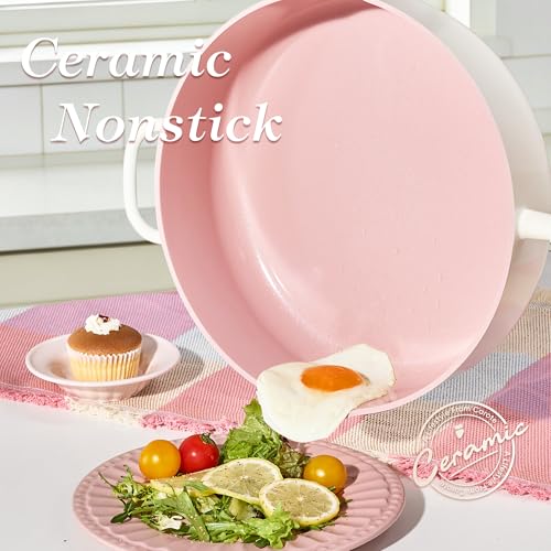 Image of CAROTE 11 Inch Nonstick Deep Frying Pan with Lid, 5 Qt Chef Saute Pan with Pour Spout, Skillet Induction Cookware, Non Stick Cooking Pan Kitchen Pan, Healthy & PFOA /PFAS Free, Includes Spatula, Pink